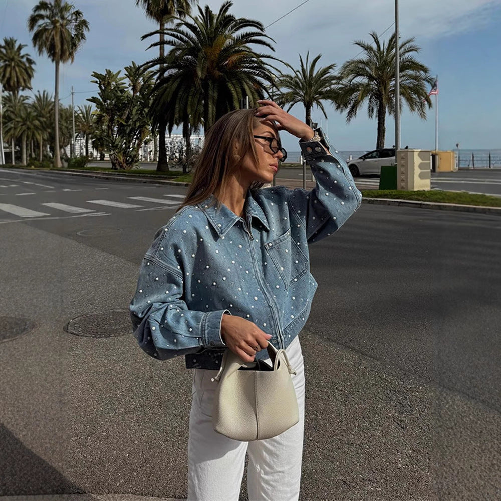 Women's Cropped Denim Jacket with Bead Detailing and Oversized Sleeves EVA-US