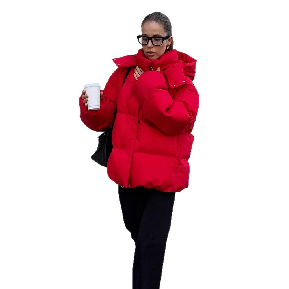 Women Short Cut Quilted Winter Jacket with High Collar Hood and Padded Thermal Lining EVA-US