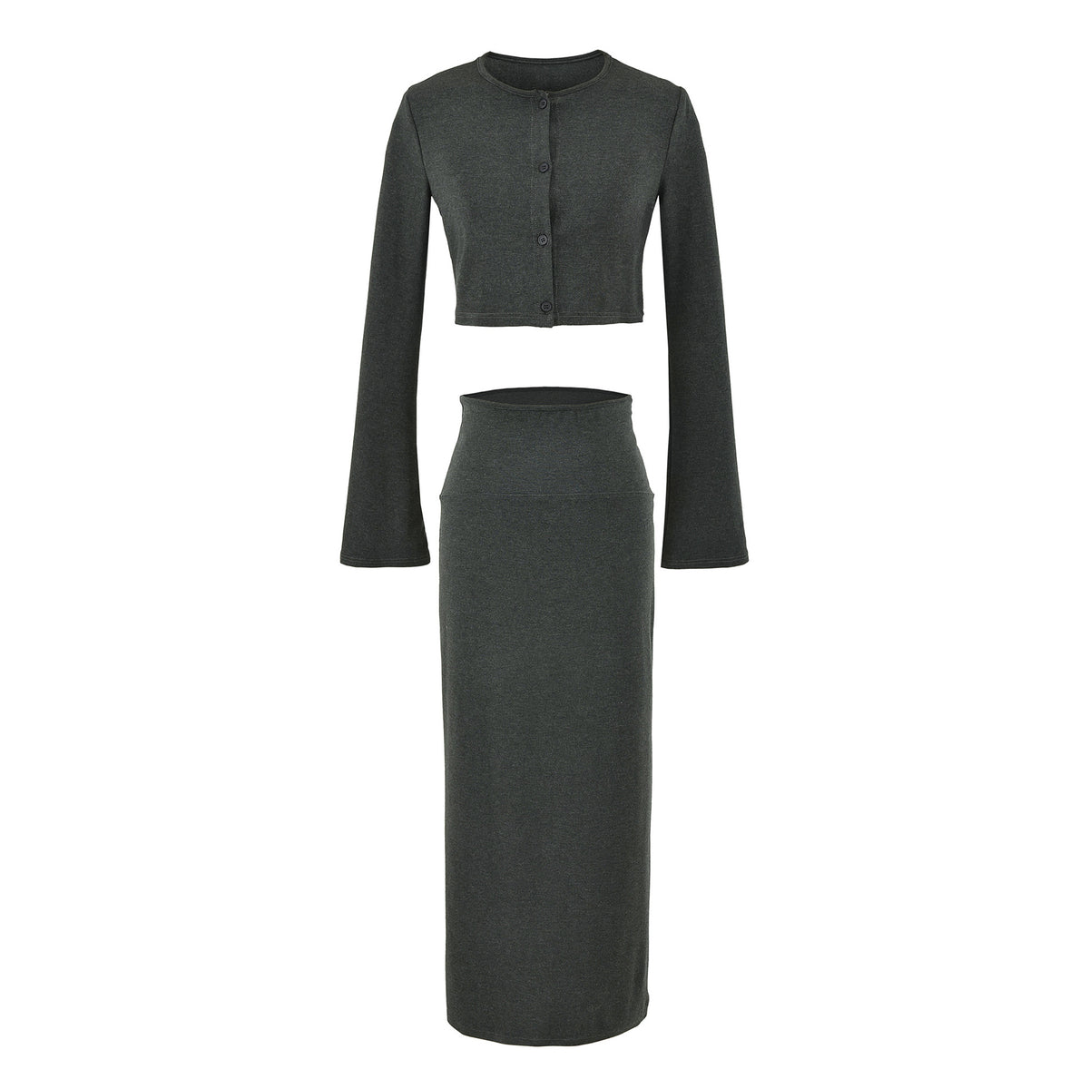 Ladies' cropped set made of fine knit with button cardigan and figure-hugging maxi skirt EVA-US