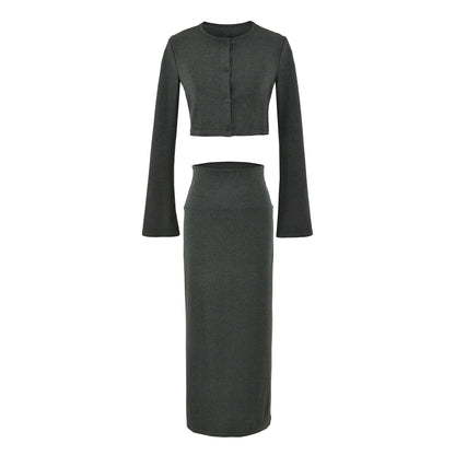 Ladies' cropped set made of fine knit with button cardigan and figure-hugging maxi skirt EVA-US