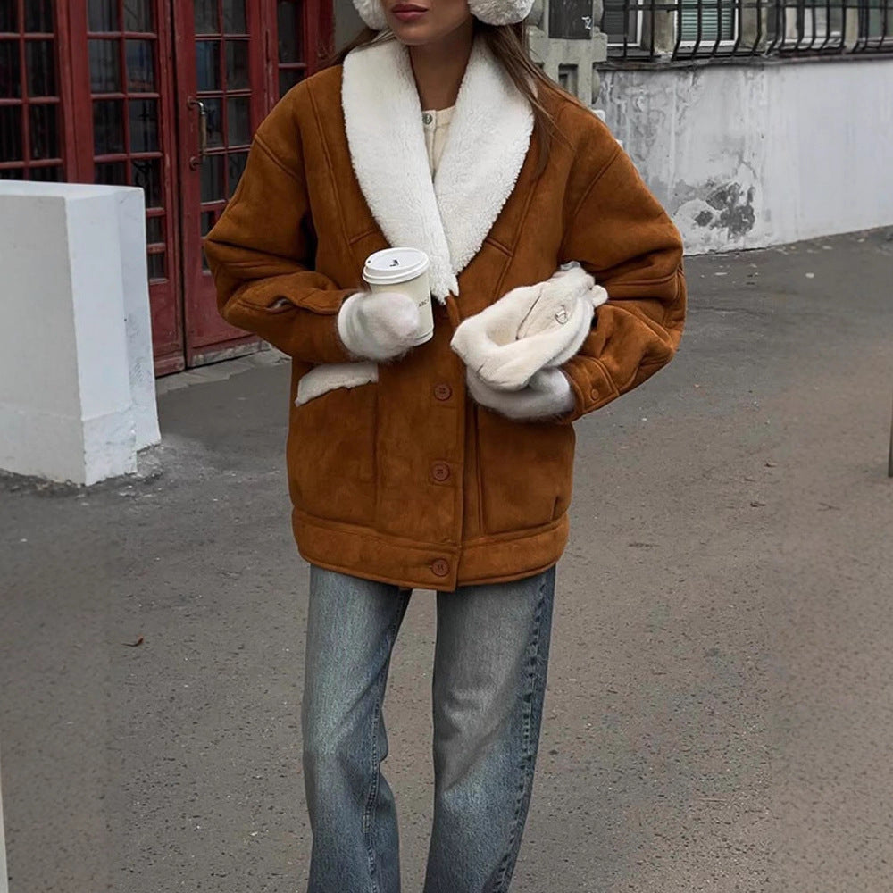 Women's Oversized Faux Shearling Jacket with Large Shawl Collar EVA-US