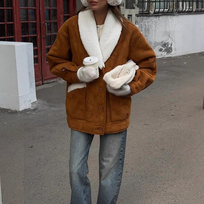 Women's Oversized Faux Shearling Jacket with Large Shawl Collar EVA-US