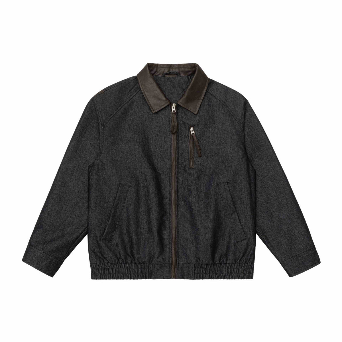 Men's short jacket in boxy cut made of wool-denim mix with leather-trimmed collar and vertical zippered chest pocket EVA-US
