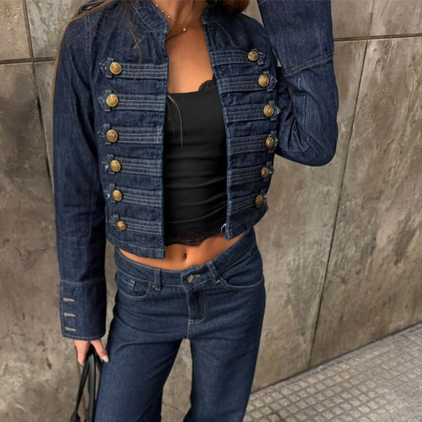 Women's military-inspired fitted short jacket with decorative pleats and metal buttons EVA-US