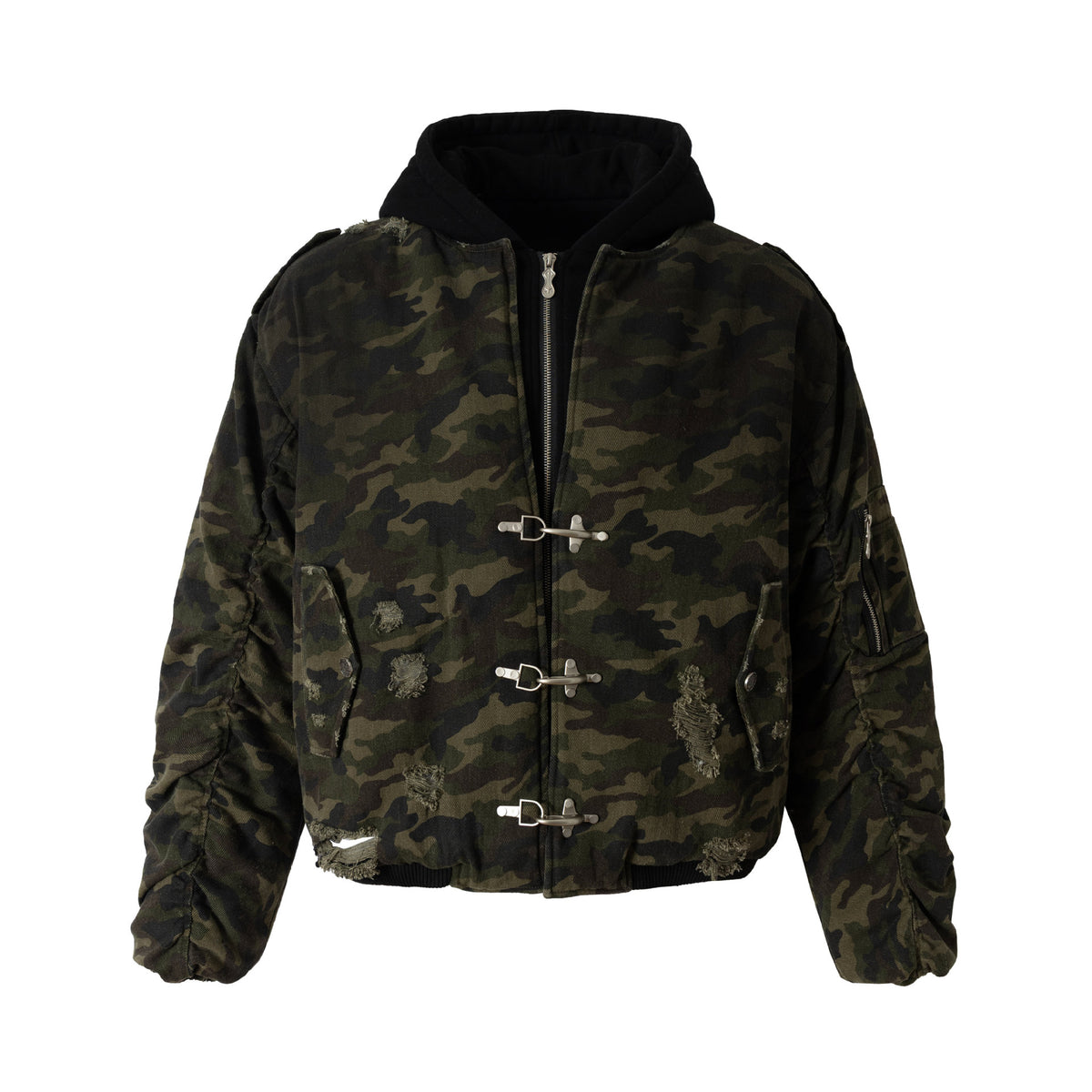 Men's Camouflage Utility Bomber Jacket with Hood, Distressed Details and Hook Closure EVA-US