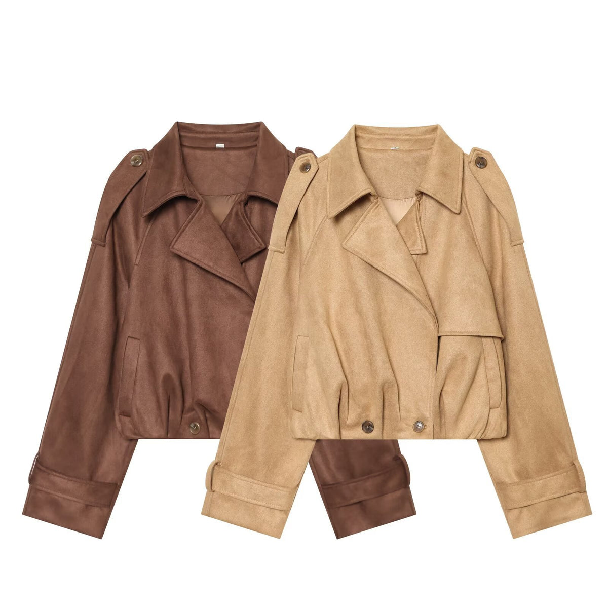 Women Short Cut Trench Jacket in Suede Look with Epaulettes and Buckle Cuffs EVA-US
