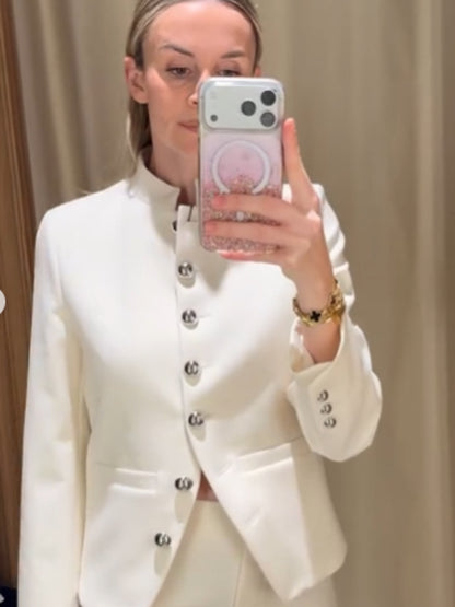 Women's Tailored Blazer with Stand Collar and Silver Decorative Buttons EVA-US