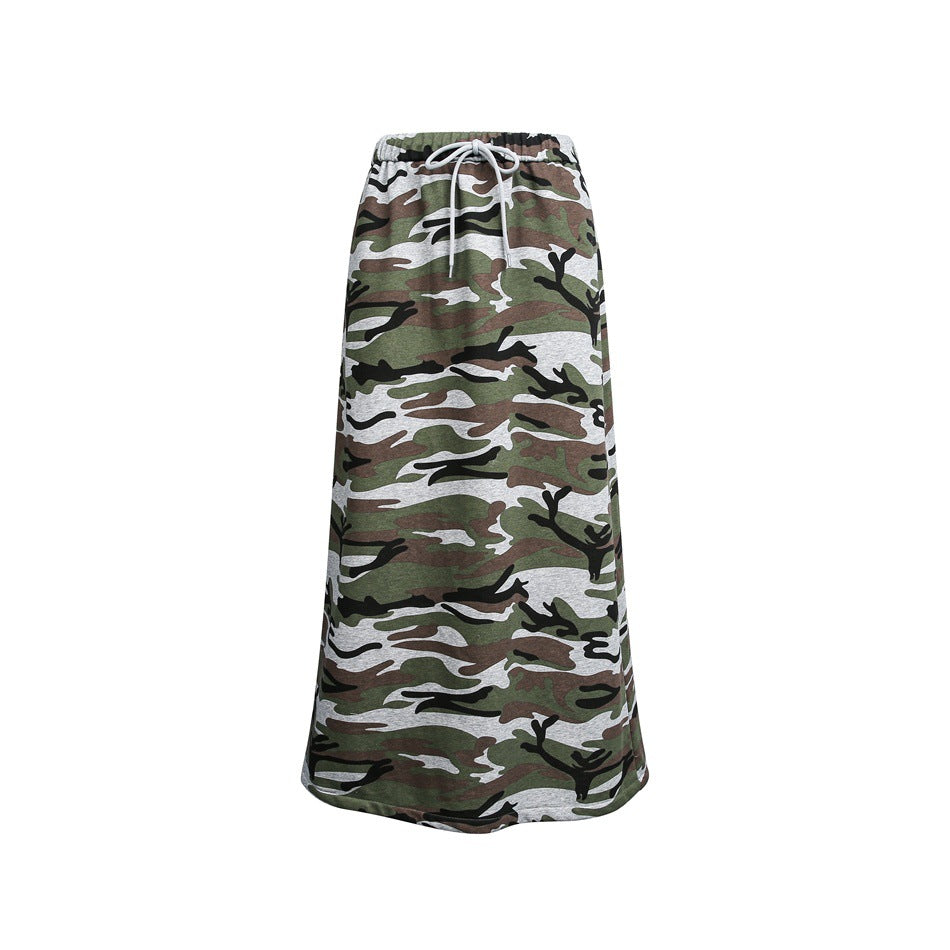 Women's midi skirt in camouflage style with elastic waistband and drawstring EVA-US