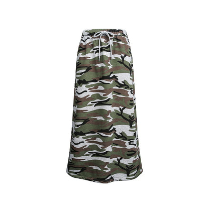 Women's midi skirt in camouflage style with elastic waistband and drawstring EVA-US