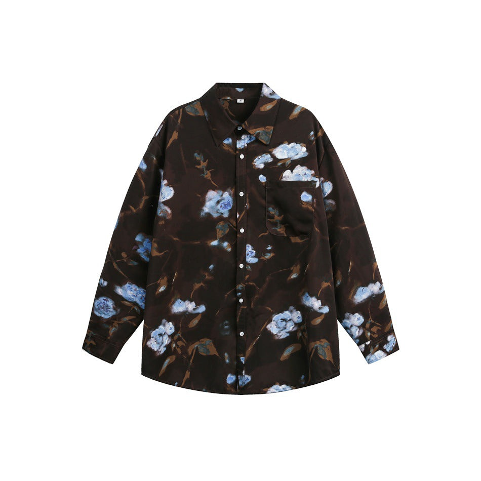 Women's Oversized Shirt Blouse with Abstract Flower Print and Patch Pocket EVA-US