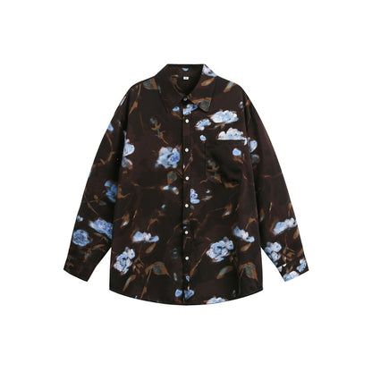 Women's Oversized Shirt Blouse with Abstract Flower Print and Patch Pocket EVA-US