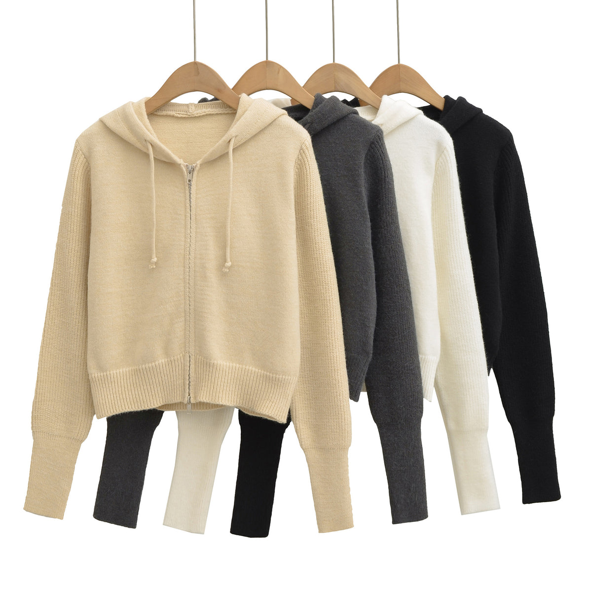 Women's Short Hooded Cardigan with Zipper and Fitted Ribbed Hem EVA-US