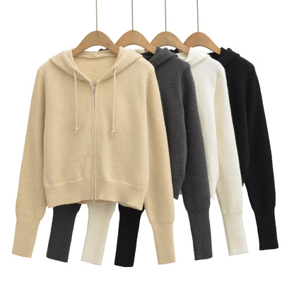 Women's Short Hooded Cardigan with Zipper and Fitted Ribbed Hem EVA-US