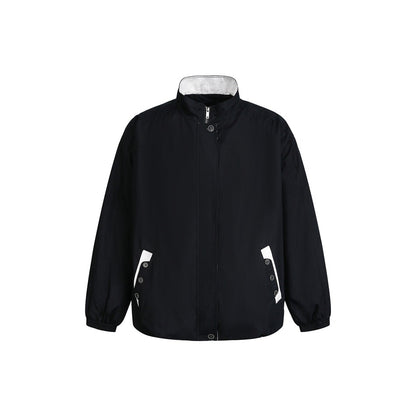 Unisex short-cut lightweight windbreaker jacket with standing collar, concealed zipper, and contrasting patch pockets EVA-US