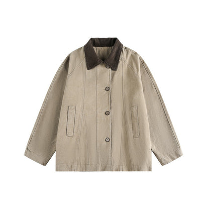 Unisex Short Cut Boxy Denim Jacket with Cord Collar and Tonal Decorative Stitches EVA-US
