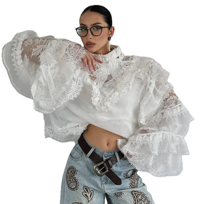 Women's Transparent Lace Blouse with Ruffle Sleeves and High Stand-Up Collar EVA-US