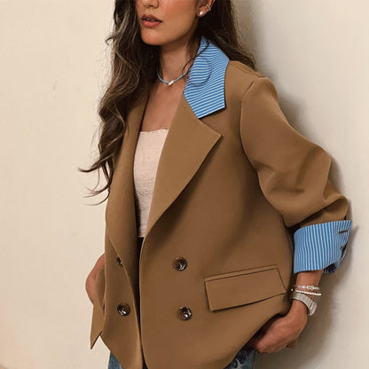 Women Oversized double-breasted blazer with contrast collar & cuffed sleeves EVA-US