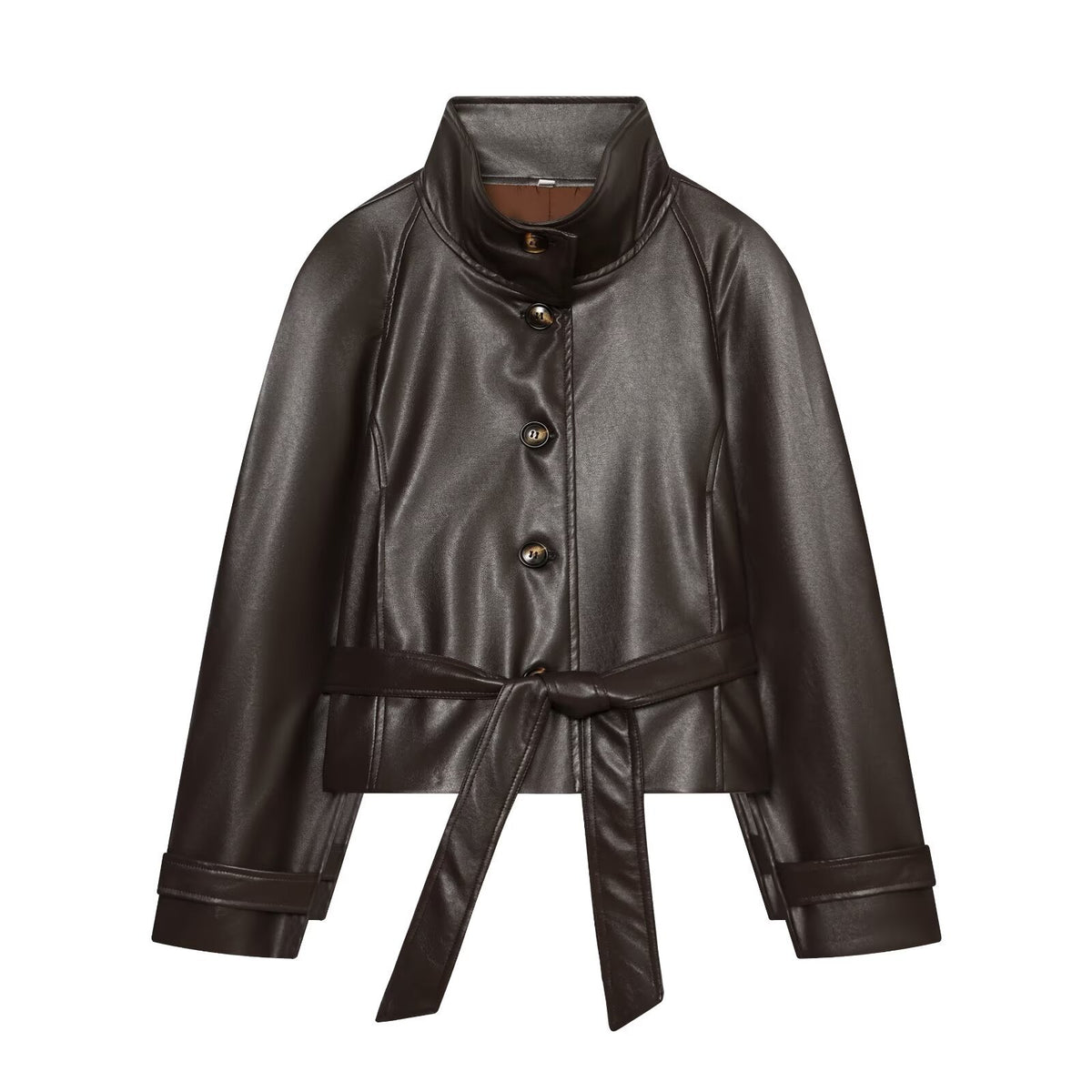 Women's Tailored Cropped Vegan Leather Jacket with Stand Collar and Tie Belt EVA-US