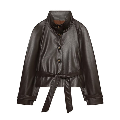 Women's Tailored Cropped Vegan Leather Jacket with Stand Collar and Tie Belt EVA-US