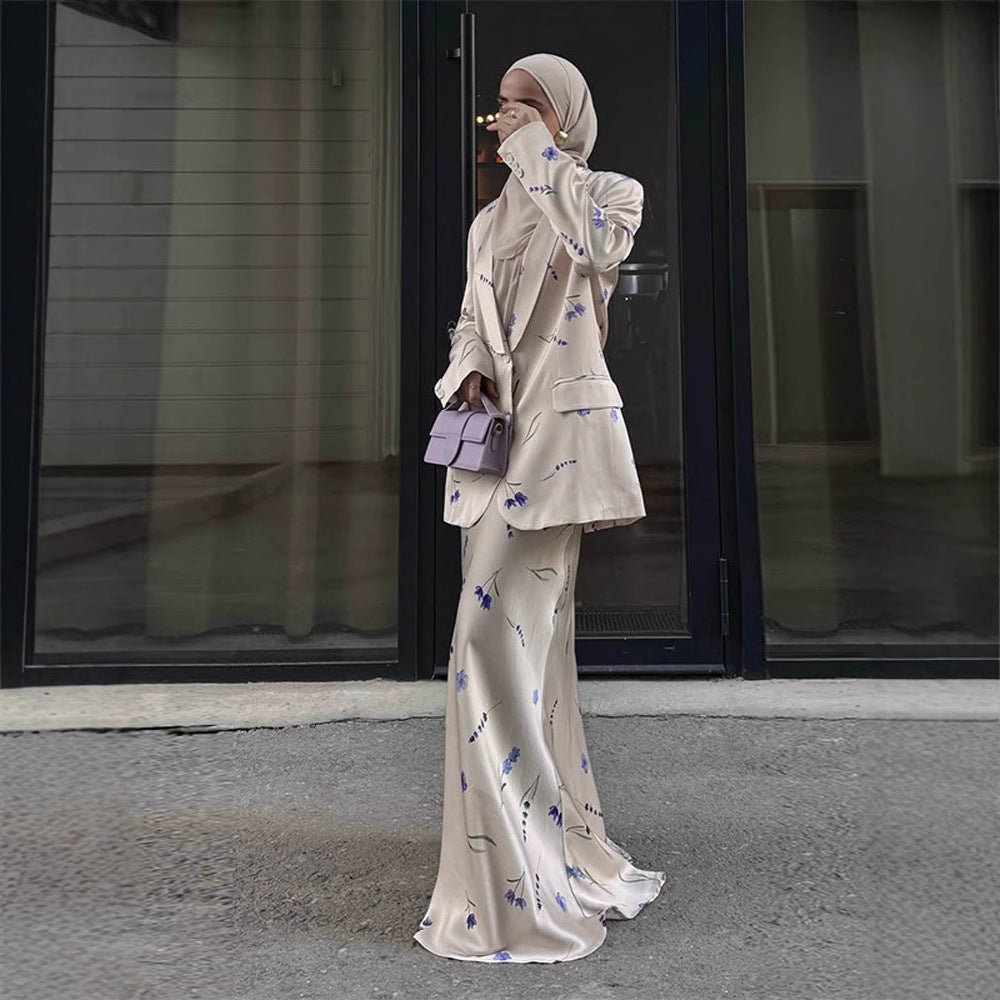 Women's Two-Piece Satin Suit with Floral Maxi Skirt and Oversized Blazer EVA-US