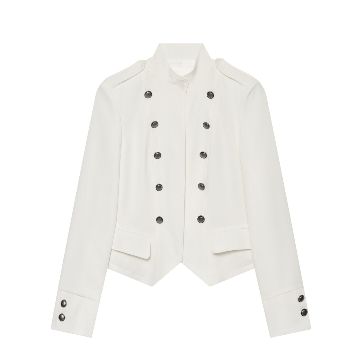 Women Short Military-Inspired Double-Breasted Jacket with Stand Collar and Flap Pockets EVA-US