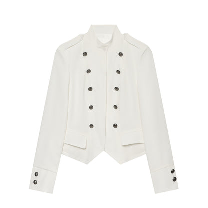 Women Short Military-Inspired Double-Breasted Jacket with Stand Collar and Flap Pockets EVA-US