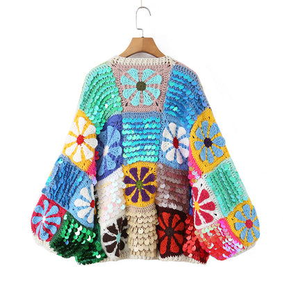 Women's playful crochet patchwork cardigan with sequins and flower appliqués EVA-US