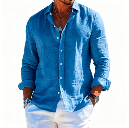 Men's textured linen shirt with open collar, lightweight texture, and casual-tailored fit EVA-US