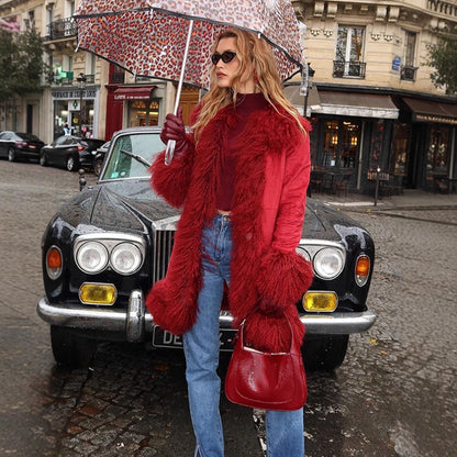Women Longer Faux Fur Coat with Voluminous Shawl Collar and Decorative Fur Cuffs EVA-US