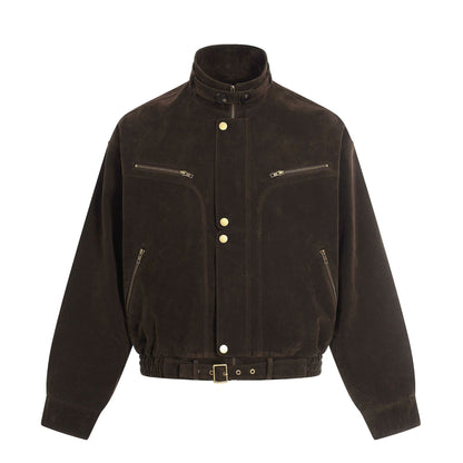Men's suede aviator-style blouson with stand collar, waist belt, and zip pockets EVA-US