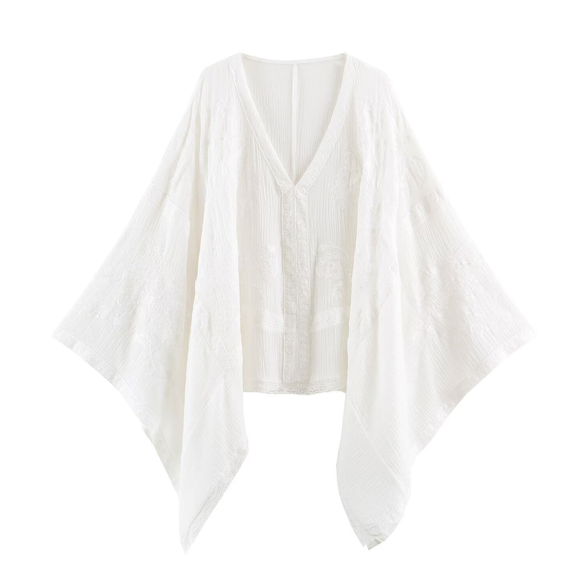 Women's Embroidered Kaftan Top with V-Neck and Wide Batwing Sleeves EVA-US