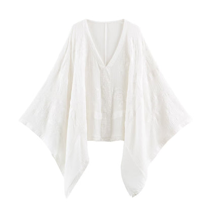 Women's Embroidered Kaftan Top with V-Neck and Wide Batwing Sleeves EVA-US