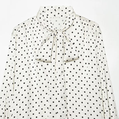 Women's blouse with bow collar, polka dot pattern and flounce sleeves EVA-US