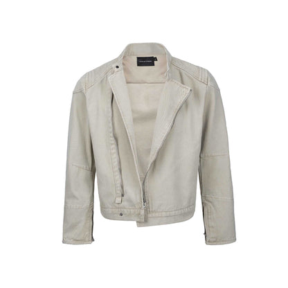 Men's short-cut asymmetric canvas biker jacket with funnel collar and zipper detail EVA-US