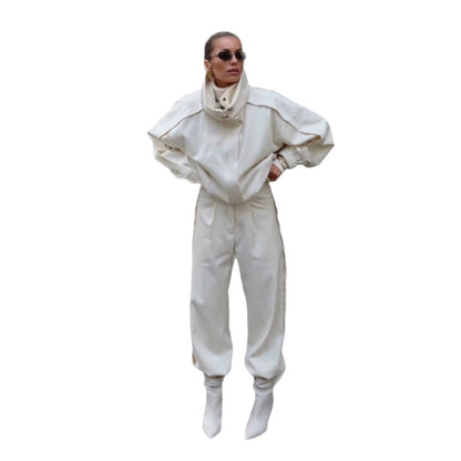 Women's Two-Piece Oversized Jacket and Pleated Pants Set with High Stand Collar EVA-US