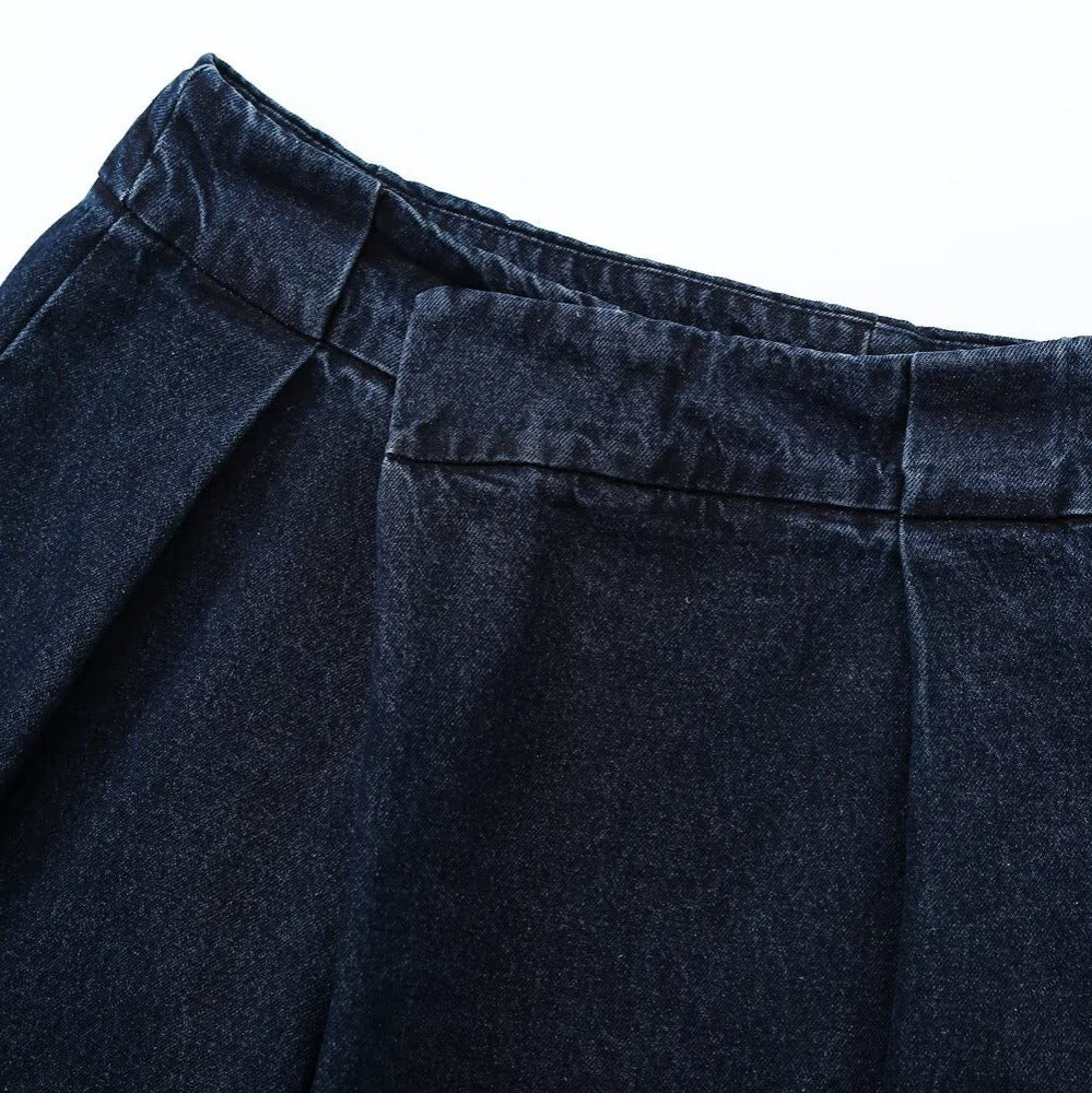 Ladies Wide High-Waist Pleated Denim Trousers with Crease EVA-US