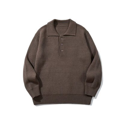 Men's Ribbed Polo Collar Sweater with Triple Button Placket and Relaxed Fit EVA-US