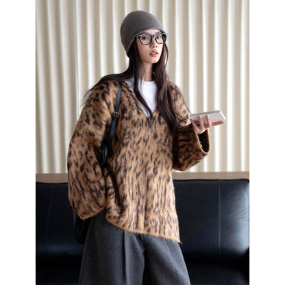 Women's Oversize V-Neck Sweater in Mohair Look with Voluminous Silhouette EVA-US