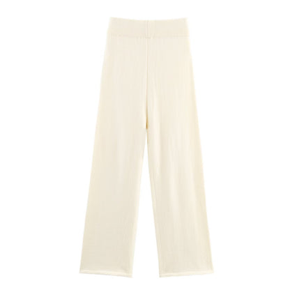 Women's Two-Piece Fine Knit Set with Shawl Collar Cardigan and High-Waist Wide Leg Pants EVA-US