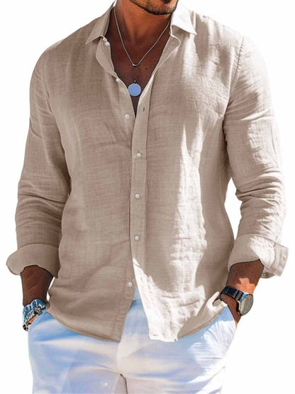 Men's textured linen shirt with open collar, lightweight texture, and casual-tailored fit EVA-US