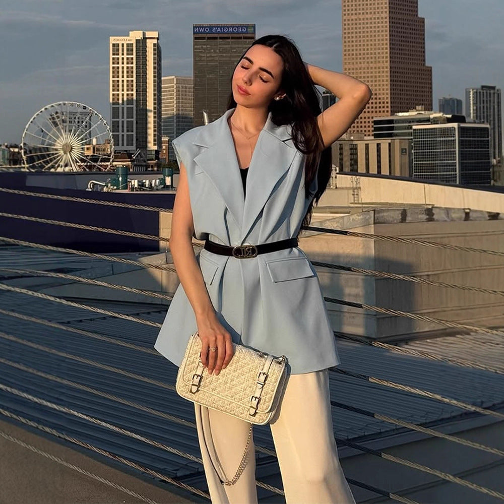 Women Sleeveless Long Blazer Vest with Emphasized Shoulder and Waist Shape EVA-US
