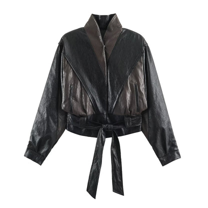 Women's short jacket in blouson style with high collar and tie belt EVA-US