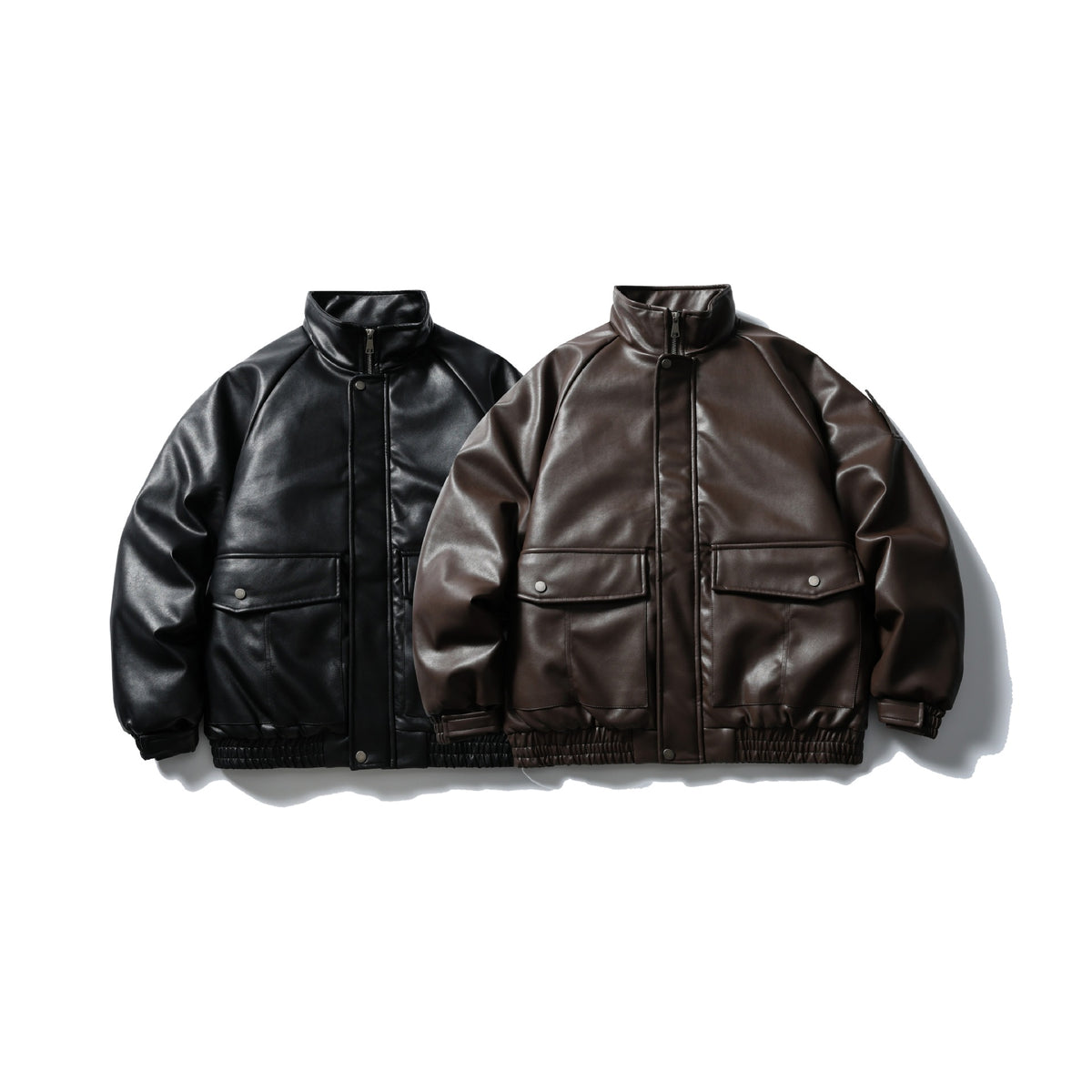 Men's Padded Faux Leather Bomber Jacket with High Stand-up Collar and Flap Pockets EVA-US