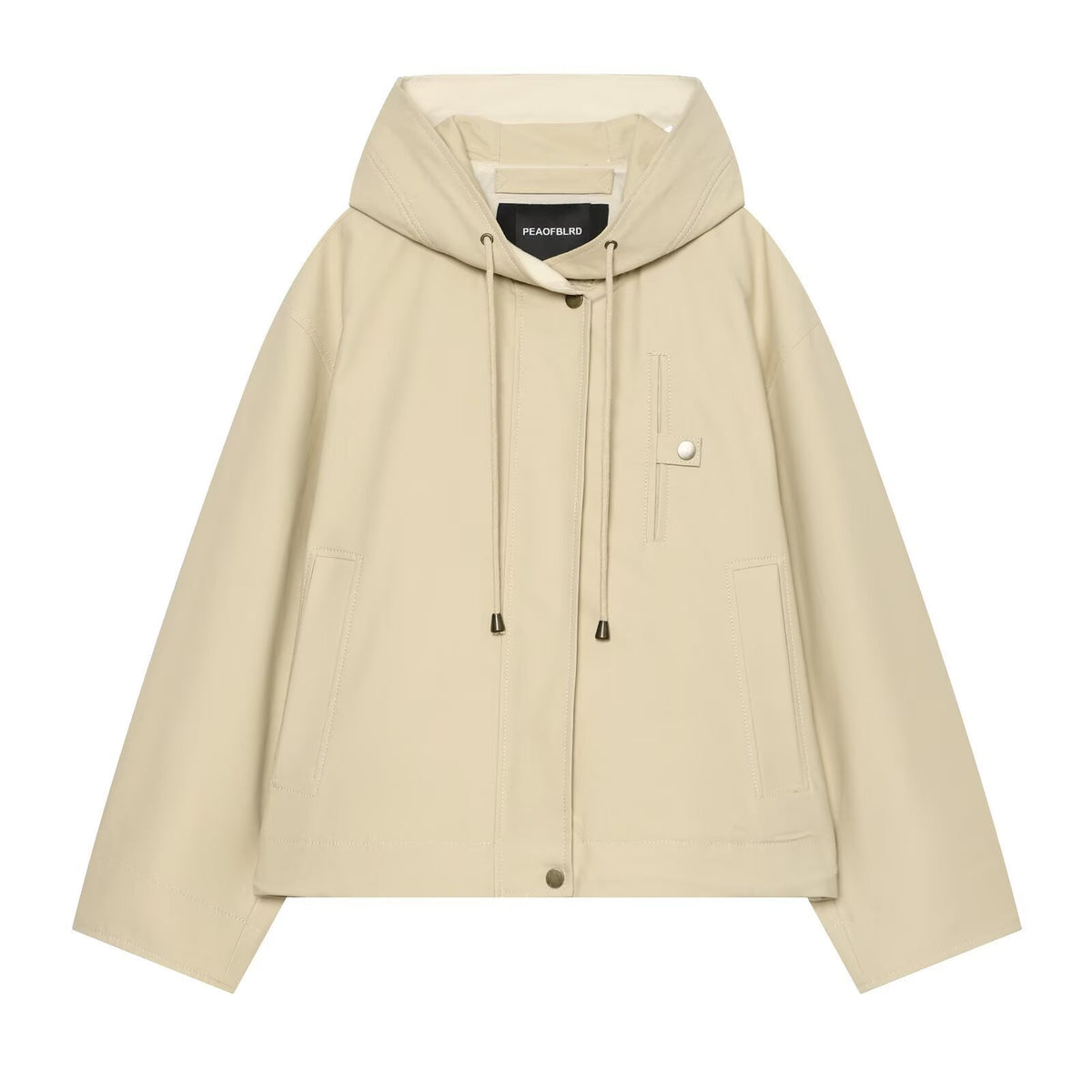 Women's Short Hooded Jacket with Drawstring, Concealed Snap Placket and Patch Pockets EVA-US