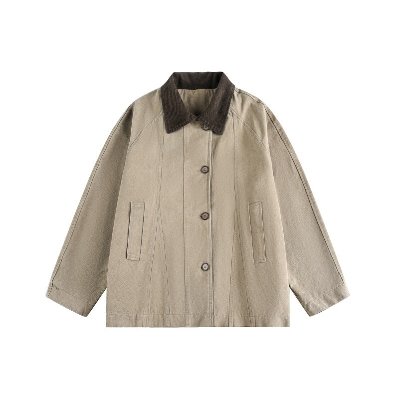 Unisex Short Cut Boxy Denim Jacket with Cord Collar and Tonal Decorative Stitches EVA-US
