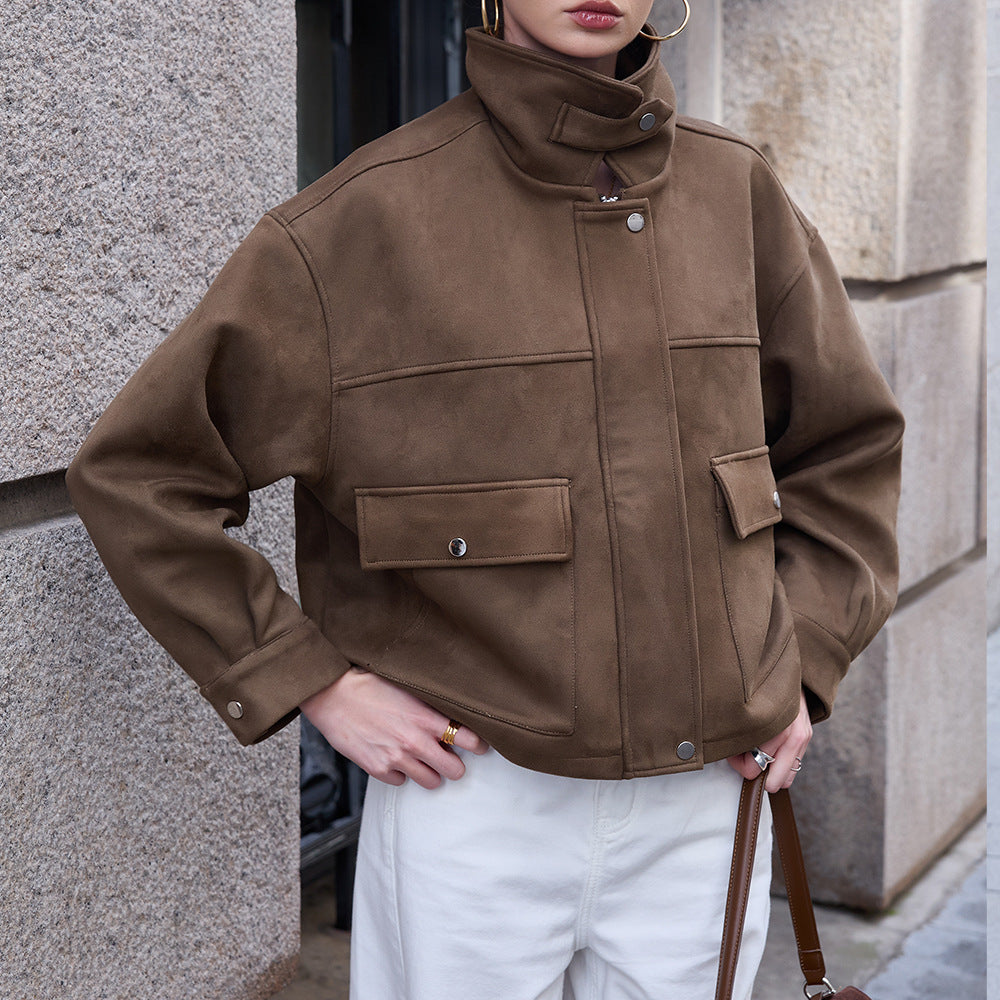 Women’s short jacket made of velour imitation with high funnel collar and flap pockets EVA-US