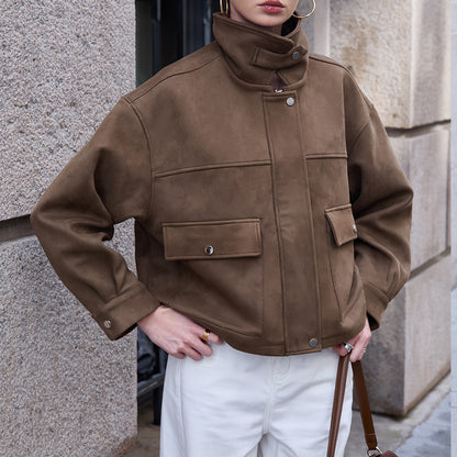 Women’s short jacket made of velour imitation with high funnel collar and flap pockets EVA-US