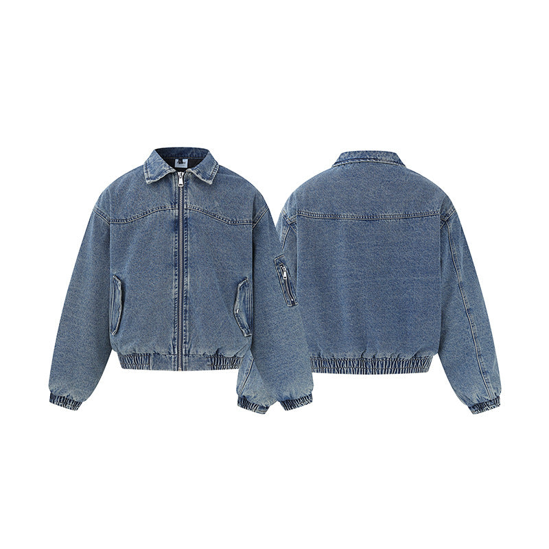 Unisex Boxy Denim Jacket with Full Zip, Elastic Hem and Sleeve Utility Pocket EVA-US