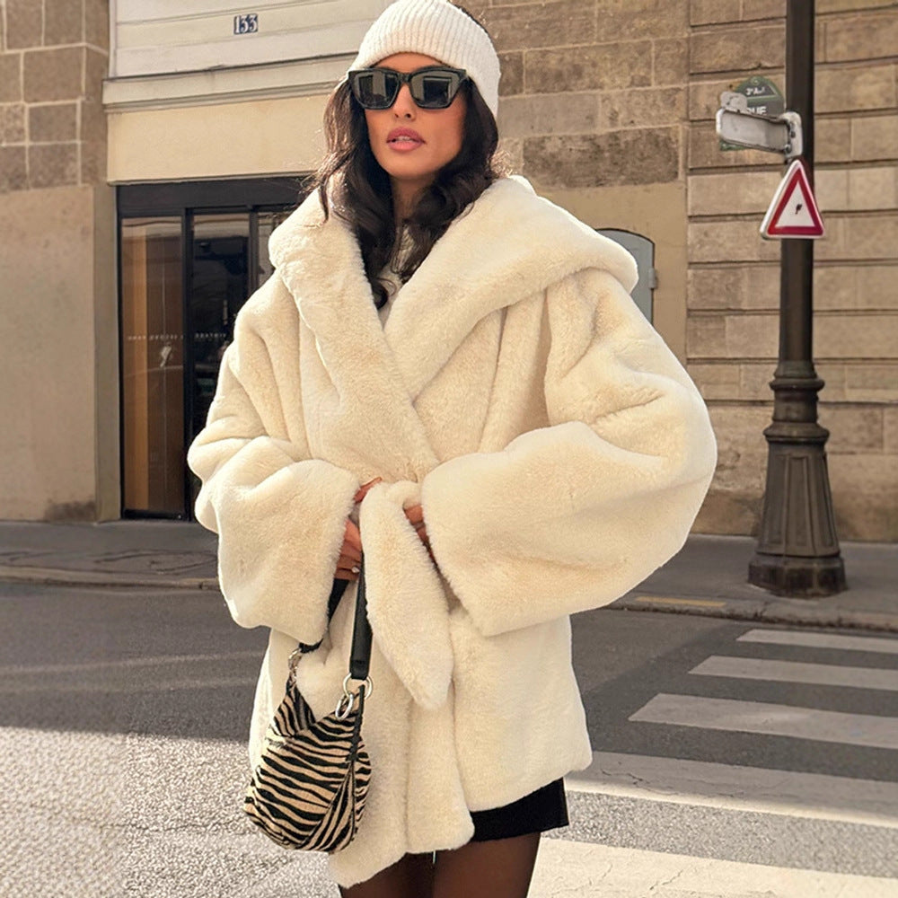 Women's Oversize Teddy Coat with Extra Large Shawl Collar and Wrap Belt EVA-US