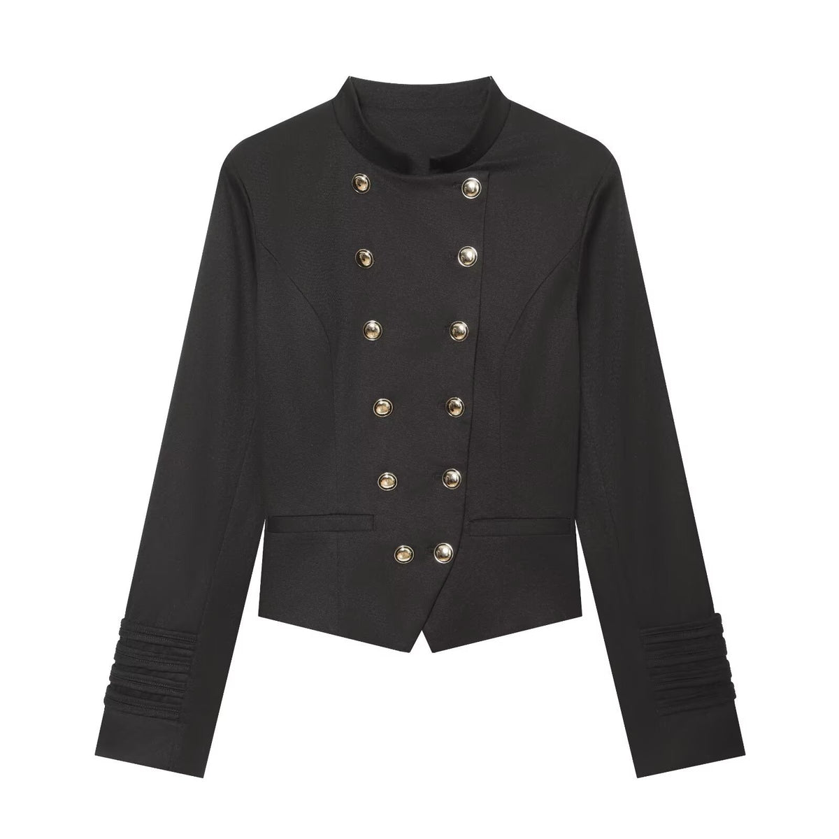 Women's tailored short blazer in sailor military style with stand-up collar and decorative buttons EVA-US